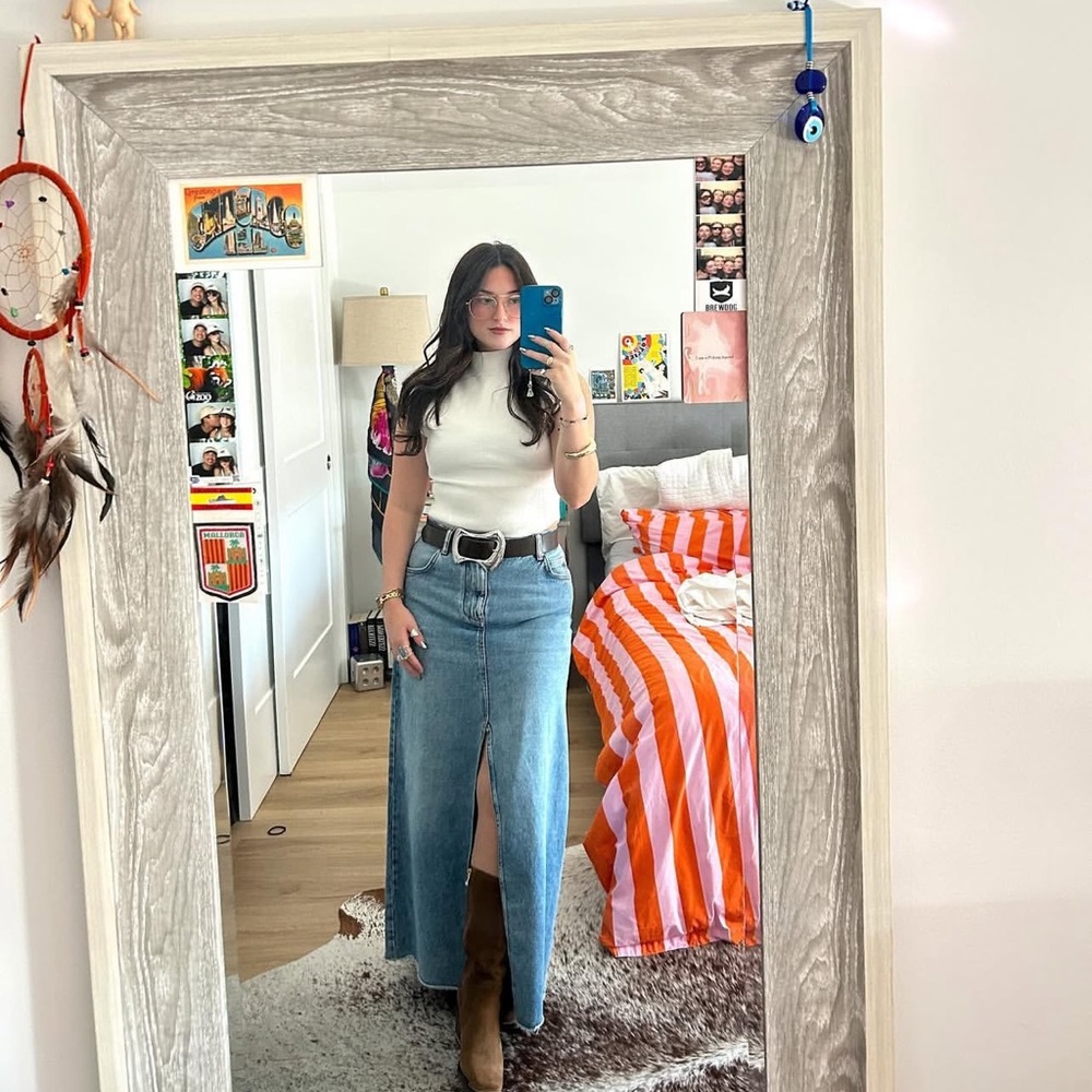Pilcro Light Blue High-Rise Denim Maxi Skirt with Front Slit
